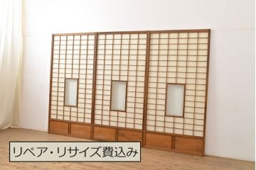 和製アンティーク　季節の移ろいが楽しめる額入り障子戸3枚セット(引き戸、建具)(R-051437)