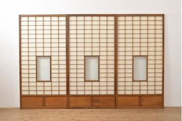 和製アンティーク　季節の移ろいが楽しめる額入り障子戸3枚セット(引き戸、建具)(R-051437)