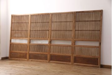 アンティーク建具　腰板ケヤキ材　ダイヤガラス　品のある和の雰囲気が素敵な裏障子付き格子戸4枚セット(引き戸、障子戸)(R-051444)