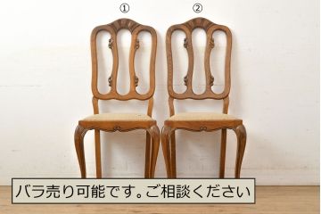 フランスアンティーク　オーク材　背もたれのデザインがエレガントなダイニングチェア2脚セット(椅子、イス、ビンテージ)(R-051463)