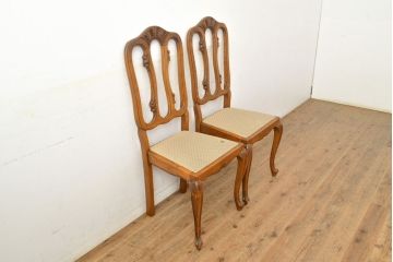 フランスアンティーク　オーク材　背もたれのデザインがエレガントなダイニングチェア2脚セット(椅子、イス、ビンテージ)(R-051463)