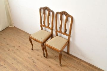 フランスアンティーク　オーク材　背もたれのデザインがエレガントなダイニングチェア2脚セット(椅子、イス、ビンテージ)(R-051463)