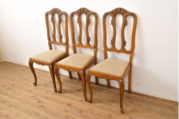 フランスアンティーク　オーク材　背もたれのデザインがエレガントなダイニングチェア3脚セット(椅子、イス、ビンテージ)(R-051464)