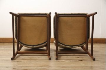 デンマークヴィンテージ　チーク材　ストライプのファブリックがお洒落なダイニングチェア2脚セット(椅子、イス、ビンテージ、北欧)(R-051468)