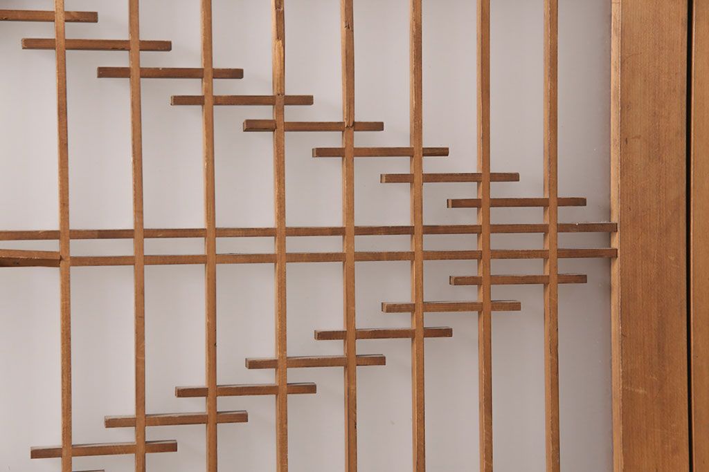 和製アンティーク　菱型の組子細工がおしゃれな組子入りガラス戸2枚セット(引き戸、建具)(R-051473)