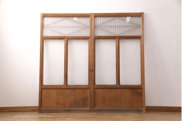 和製アンティーク　菱型の組子細工がおしゃれな組子入りガラス戸2枚セット(引き戸、建具)(R-051473)