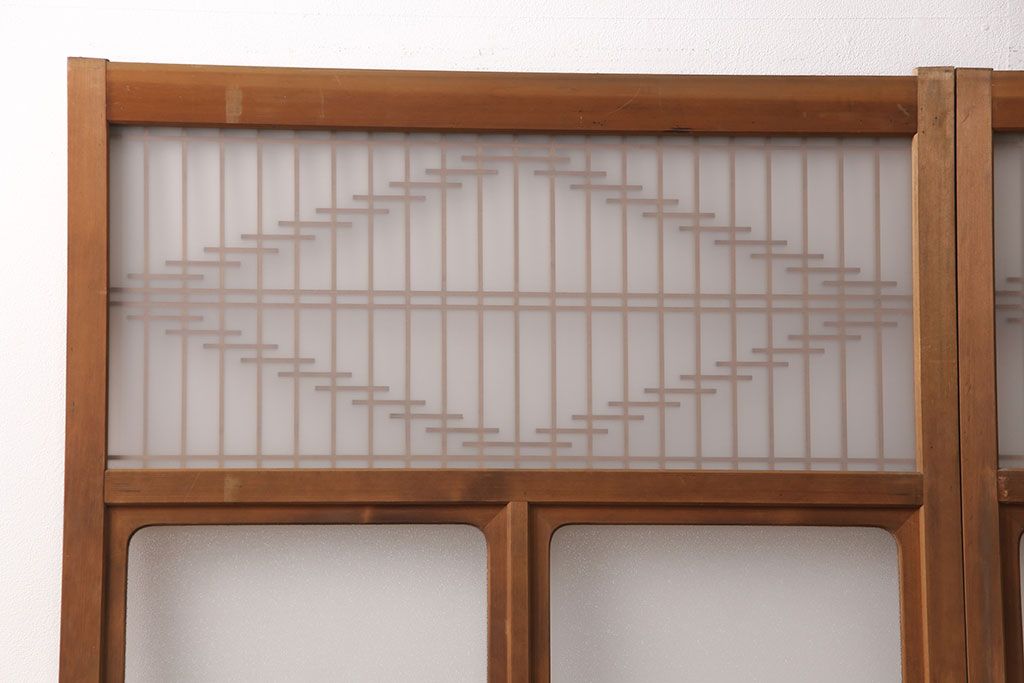 和製アンティーク　菱型の組子細工がおしゃれな組子入りガラス戸2枚セット(引き戸、建具)(R-051473)