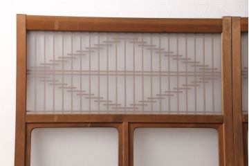 和製アンティーク　菱型の組子細工がおしゃれな組子入りガラス戸2枚セット(引き戸、建具)(R-051473)