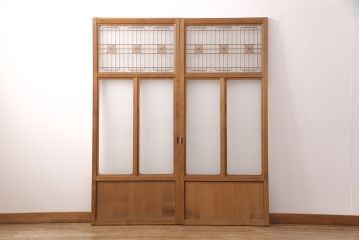 和製アンティーク　麻の葉　組子がおしゃれなガラス戸2枚セット(引き戸、建具)(R-051474)