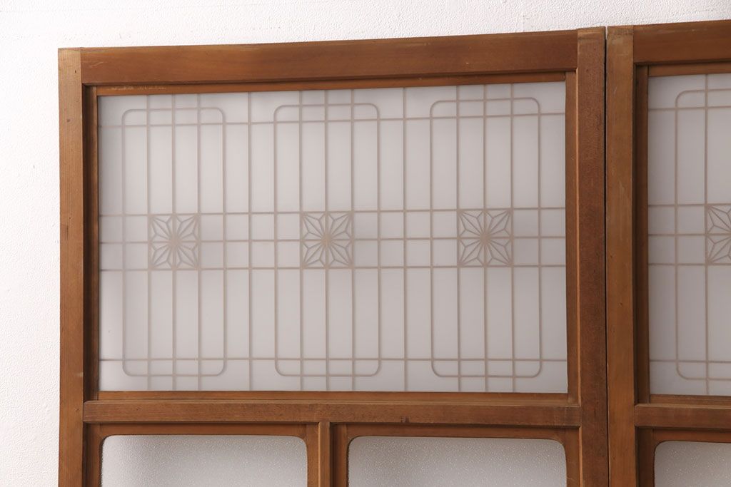 和製アンティーク　麻の葉　組子がおしゃれなガラス戸2枚セット(引き戸、建具)(R-051474)