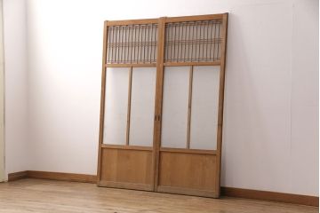 和製アンティーク　格子がお洒落なアクセントになったガラス戸2枚セット(建具、引き戸)(R-051475)