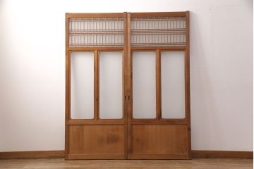 和製アンティーク　格子がお洒落なアクセントになったガラス戸2枚セット(建具、引き戸)(R-051476)