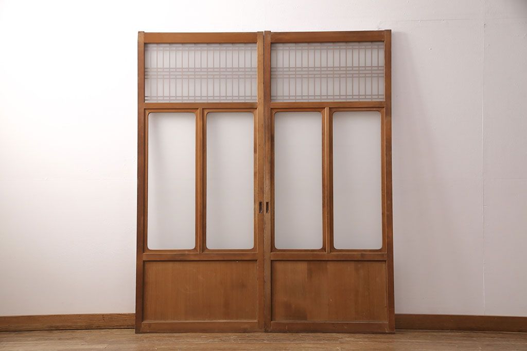 和製アンティーク　格子がお洒落なアクセントになったガラス戸2枚セット(建具、引き戸)(R-051476)