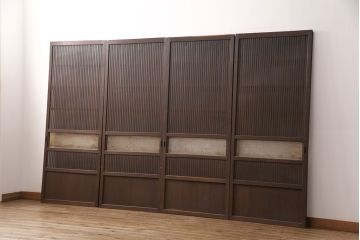 和製アンティーク　ダイヤガラス　幅広の縦格子が珍しい格子戸4枚セット(引き戸、建具)(R-051478)