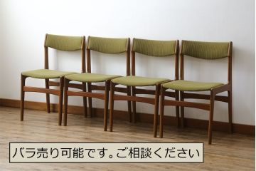 デンマークビンテージ　北欧家具　グリーンのファブリックとチーク材の木色が温かみのある空間を演出するチェア4脚セット(ダイニングチェア、ヴィンテージ)(R-051514)