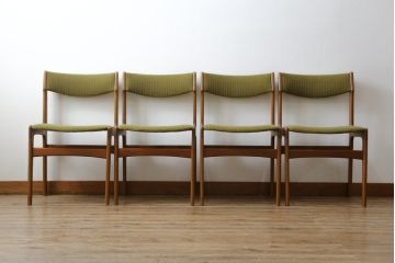 デンマークビンテージ　北欧家具　グリーンのファブリックとチーク材の木色が温かみのある空間を演出するチェア4脚セット(ダイニングチェア、ヴィンテージ)(R-051514)