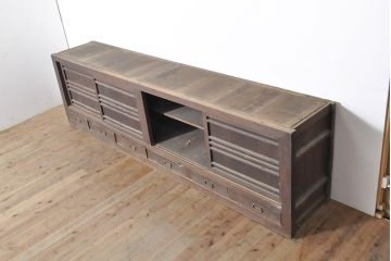 和製アンティーク　前面ヒノキ材　特大サイズ!九尺収納箪笥キャビネット(水屋箪笥、食器棚、収納棚、サイドボード)(R-051517)