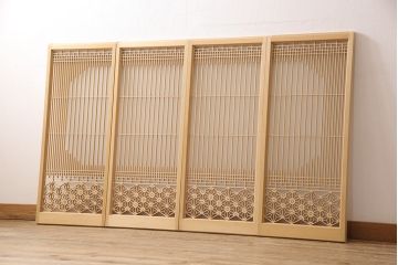中古　美品　組子細工と整然と並ぶ桟が美しい書院戸4枚セット(窓、引き戸、建具)(R-051582)
