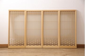 中古　美品　組子細工と整然と並ぶ桟が美しい書院戸4枚セット(窓、引き戸、建具)(R-051582)