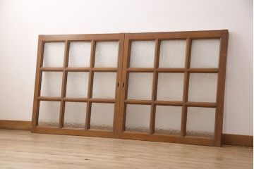 アンティーク建具　昭和レトロな木製窓2枚セット(ガラス戸、引き戸、建具)(R-051583)