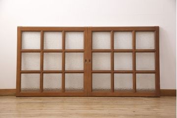 アンティーク建具　昭和レトロな木製窓2枚セット(ガラス戸、引き戸、建具)(R-051583)