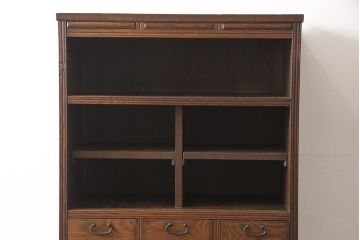 和製アンティーク　桑材　情緒あふれる透かし彫りが目を惹く、凝った作りの二段重ね収納棚(食器棚、キャビネット、水屋箪笥)(R-051592)