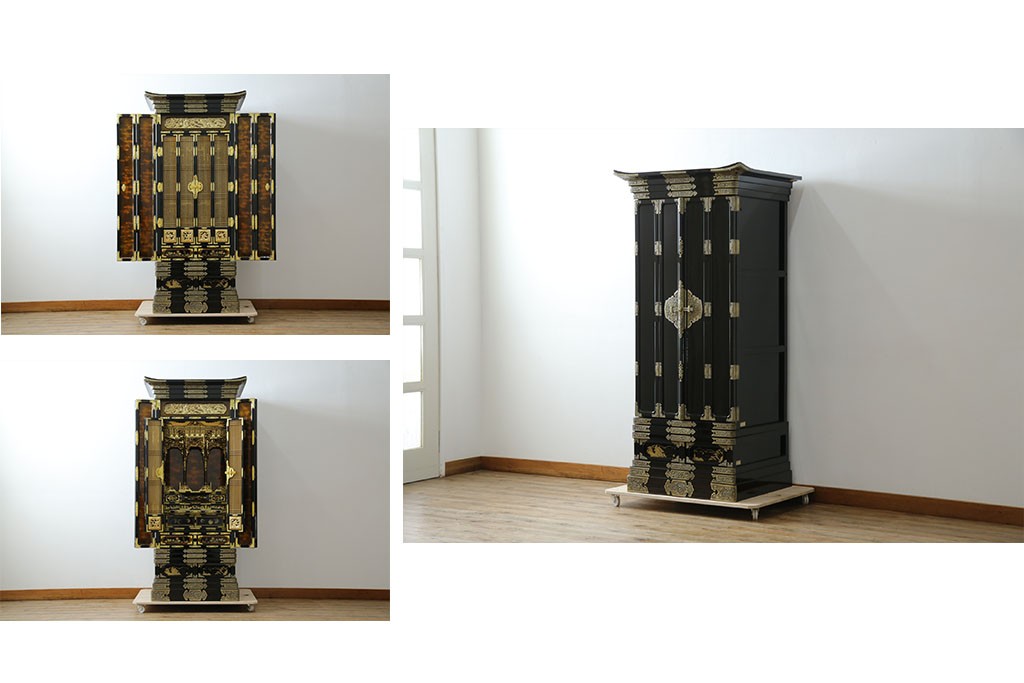 中古　未使用　展示品　70代　金仏壇「大空」　梨地塗り　落ち着きのある明るい佇まいが魅力の長岡仏壇　定価約120万円　(R-051622)