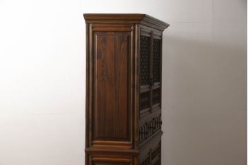 ヨーロッパヴィンテージ　スペイン家具　マホガニー材　高級品!扉のデザインが異彩を放つ、凝った作りのキャビネット(食器棚、収納棚、ビンテージ)(R-051636)