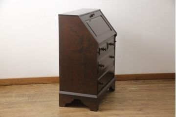 中古　北海道民芸家具　落ち着いた雰囲気の書斎作りにぴったりのライティングビューローと椅子のセット(簿記机、ワークデスク、チェア、在宅用、在宅ワーク)(R-051640)