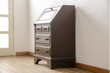 中古　北海道民芸家具　落ち着いた雰囲気の書斎作りにぴったりのライティングビューローと椅子のセット(簿記机、ワークデスク、チェア、在宅用、在宅ワーク)(R-051640)