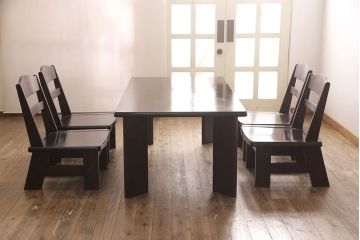 中古　北海道民芸家具　希少な絶版品!　滑らかな木肌が上品な印象を醸し出す高座卓ダイニングセット(ダイニングテーブル、4人掛け、ダイニングチェア4脚、板座チェア、食卓)(R-051680)