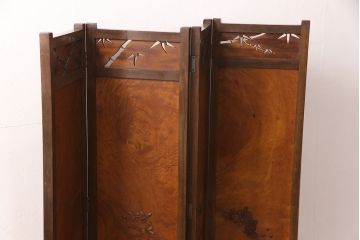 アンティーク家具　工芸品　希少!カエデ材の彫刻や透かし彫り、象嵌の凝ったつくりが素晴らしい4連衝立て(四連衝立て、パーテーション、仕切り)(R-051717)