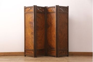 アンティーク家具　工芸品　希少!カエデ材の彫刻や透かし彫り、象嵌の凝ったつくりが素晴らしい4連衝立て(四連衝立て、パーテーション、仕切り)(R-051717)