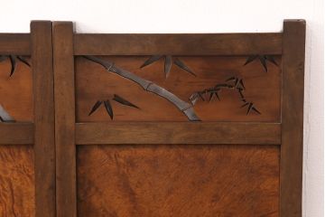 アンティーク家具　工芸品　希少!カエデ材の彫刻や透かし彫り、象嵌の凝ったつくりが素晴らしい4連衝立て(四連衝立て、パーテーション、仕切り)(R-051717)