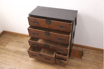 和製アンティーク　明治大正期　前面ケヤキ材・玉杢　味わいのある二段重ね時代箪笥 (和箪笥、収納箪笥、引き出し)(R-051734)