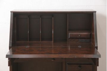 中古　北海道民芸家具　シックな色合いがおしゃれな片袖ライティングビューロー(ワークデスク、在宅ワーク、在宅用、簿記机)(R-051739)