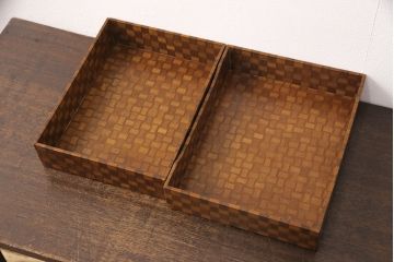 中古　伝統工芸　かご編みのような市松模様がおしゃれな寄木細工の小箱(文箱、収納箱、小物収納、木箱)(R-051747)