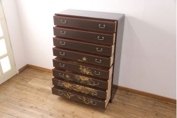 中古　美品　本漆溜塗り　美しい花の蒔絵が目を引く二段重ね箪笥(定価220万円)(和タンス、引き出し、チェスト)(R-051771)