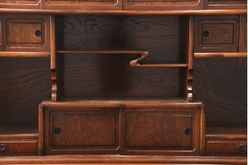 中古　極上品　総漆塗り　前面ケヤキ無垢材　玉杢　最高級品の二段重ね大型茶箪笥(茶棚、飾り棚、収納棚、キャビネット)(定価約250万円)(R-051772)