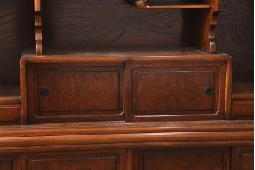 中古　極上品　総漆塗り　前面ケヤキ無垢材　玉杢　最高級品の二段重ね大型茶箪笥(茶棚、飾り棚、収納棚、キャビネット)(定価約250万円)(R-051772)