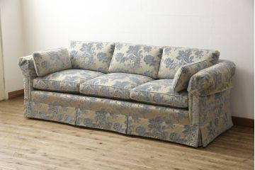 中古　超美品　DREXEL HERITAGE(ドレクセルヘリテイジ)　水色の花柄が上品な3人掛けソファ(定価約100万円)(アームソファ、三人掛け、3P)(R-051810)