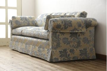 中古　超美品　DREXEL HERITAGE(ドレクセルヘリテイジ)　水色の花柄が上品な3人掛けソファ(定価約100万円)(アームソファ、三人掛け、3P)(R-051810)