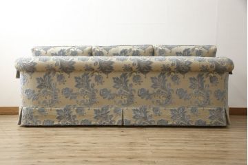 中古　超美品　DREXEL HERITAGE(ドレクセルヘリテイジ)　水色の花柄が上品な3人掛けソファ(定価約100万円)(アームソファ、三人掛け、3P)(R-051810)