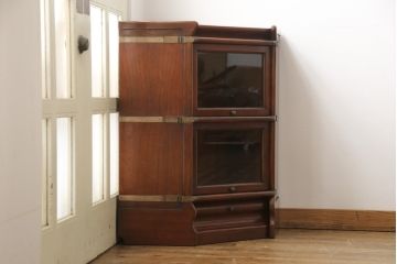 希少　マホガニー材　激レア!扉を収納して、オープンラックにもなる2wayコーナースタッキングブックケース(本棚、本箱、コーナーキャビネット、収納棚、戸棚)(R-051819)
