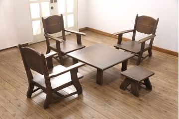 ビンテージ　美品　神戸洋家具　永田良介商店　特注品　民芸風　シンプルなデザインがお部屋に取り入れやすいナラ材製ローテーブル(座卓、センターテーブル、ヴィンテージ)(R-051825)