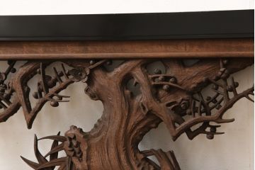 アンティーク建具　楠木(クスノキ)材　梅の木と笹の彫刻がお見事!!　和の風情を高める彫刻欄間(明かり取り、明り取り)(R-051831)