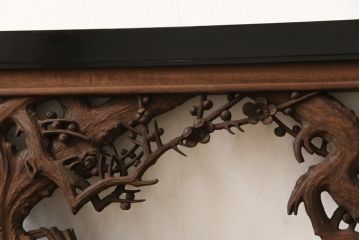 アンティーク建具　楠木(クスノキ)材　梅の木と笹の彫刻がお見事!!　和の風情を高める彫刻欄間(明かり取り、明り取り)(R-051831)