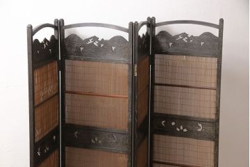 和製アンティーク　蝶や花の透かし彫りが可愛らしい四連衝立(パーテーション、つい立て)(R-051884)