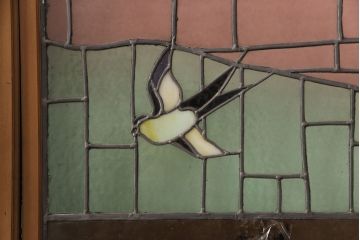 アンティーク建具　国産　ノスタルジックな雰囲気漂うステンドグラス入り両開きドア(玄関ドア、ガラス戸、ガラス扉)(R-051888)