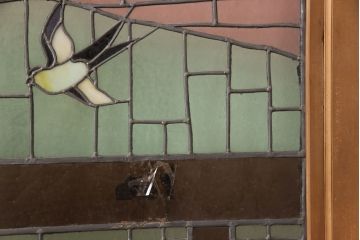 アンティーク建具　国産　ノスタルジックな雰囲気漂うステンドグラス入り両開きドア(玄関ドア、ガラス戸、ガラス扉)(R-051888)